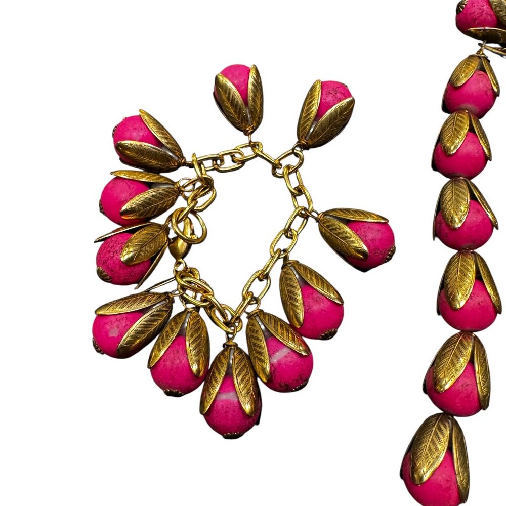 Lenora Dame Pink Tulip Necklace & Bracelet Set Gold Tone Floral Statement Jewelr - Picture 3 of 4